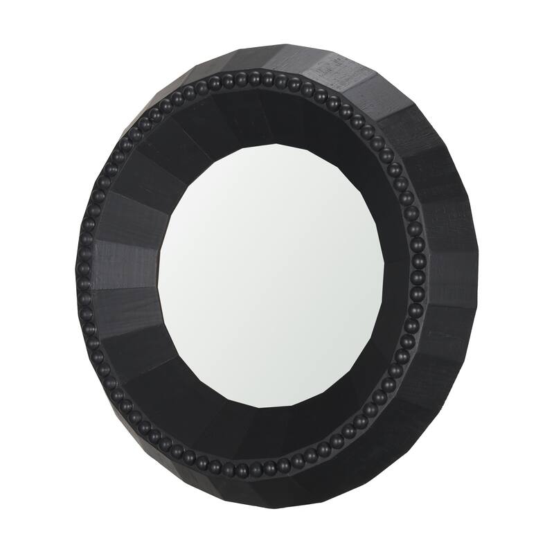 HomeRoots 30" Black Solid Wood Faceted And Beaded Round Framed Accent Mirror - 29.92 in. x 29.92 in. x 3.86 in.