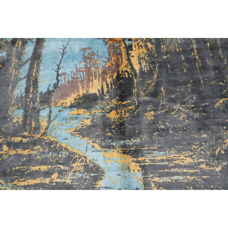 Hand Knotted Oriental Viscose Silk Carpet Modern Pictorial Multi-Colored Abstract Area Rug - 7' 9'' X 5' 6''