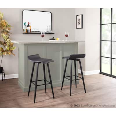 Ale Fixed-Height Bar Stool in Black Steel and Grey Faux - Set of 2 - 15"Lx15"Wx32.5"H