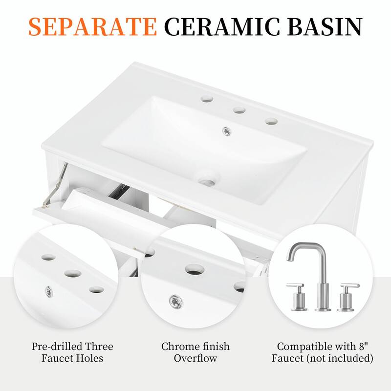 Bathroom Vanity with Sink, Modern MDF and Rubberwood Cabinet with 3 Drawers and Adjustable Shelf