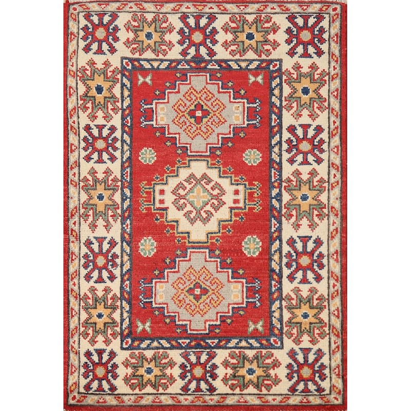 Traditional Kazak Oriental Rug Hand-Knotted Geometric Wool Carpet - 2'0"x 3'0"