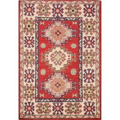 Traditional Kazak Oriental Rug Hand-Knotted Geometric Wool Carpet - 2'0"x 3'0"