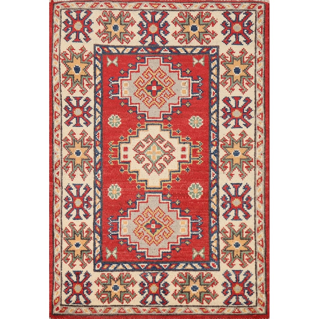 Traditional Kazak Oriental Rug Hand-Knotted Geometric Wool Carpet - 2'0"x 3'0"
