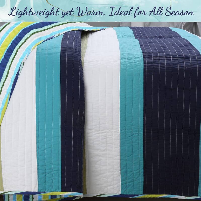 Cozy Line Aquamarine Stripe Patchwork Navy Blue Green Star Dot Cotton Reversible Quilt Bedding Set