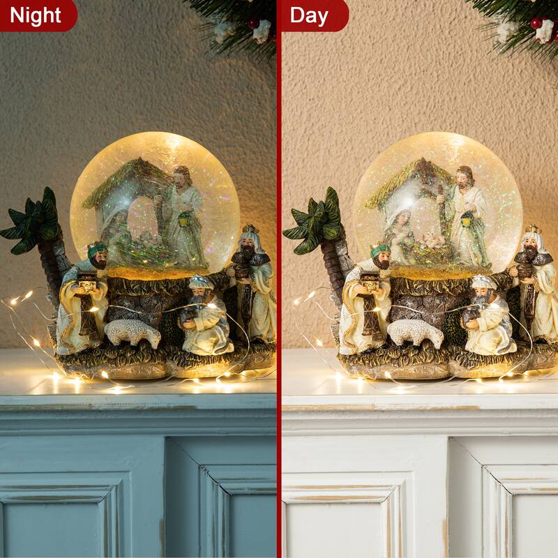 Glitzhome 8.25"H Oversized Resin Lighted Musical Snowflakes Nativity Waterglobe