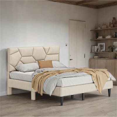 Full/Queen Linen Bed Frame with Storage Headboard,No Noise