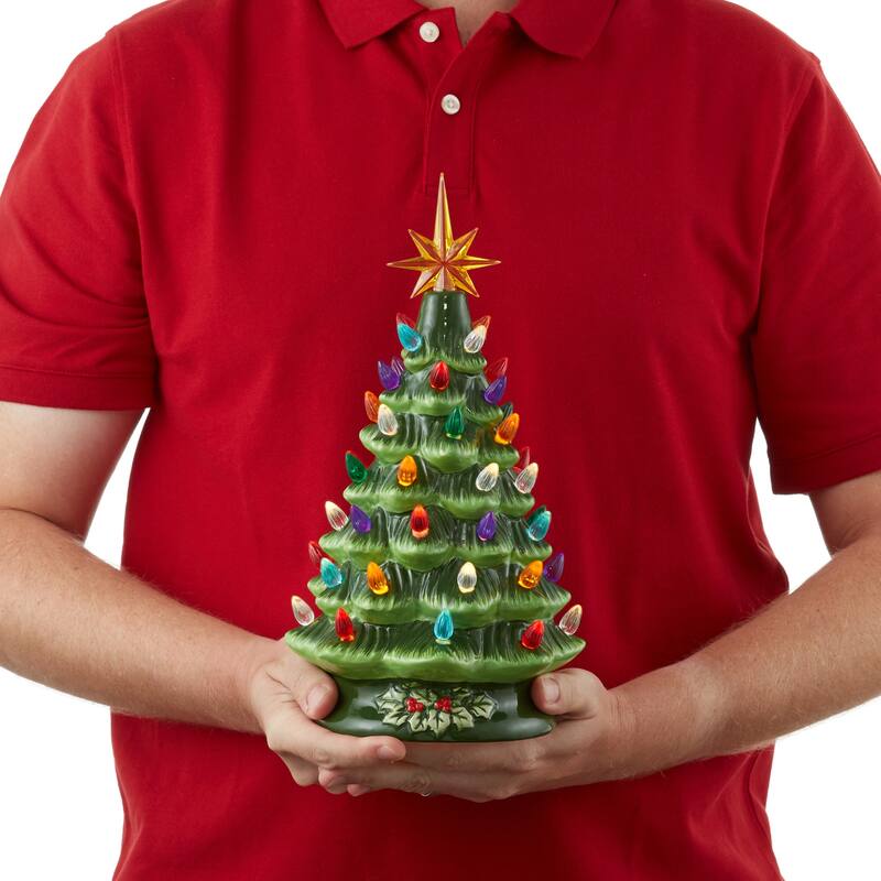 12in Hand Painted Ceramic Christmas Tree PreLit Tree with Star
