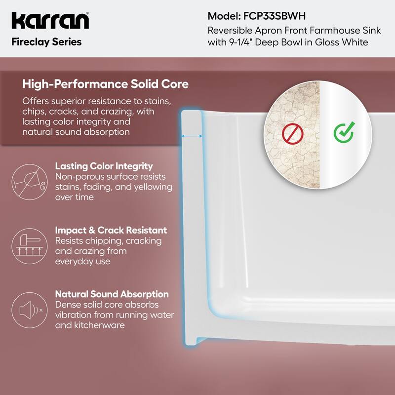 Karran FCP33SB 33" Single Bowl Panel Front Farmhouse Fireclay Kitchen Sink with Reversible Apron Front
