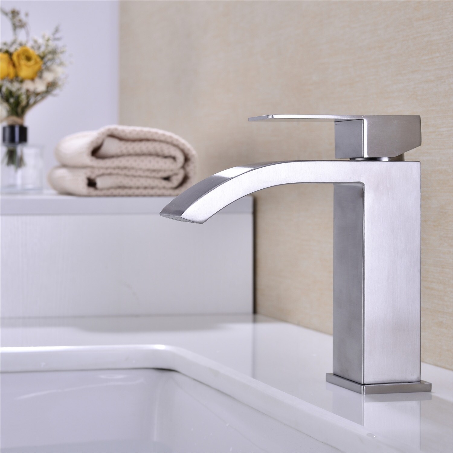 Single Handle Waterfall Bathroom Vanity Sink Faucet with Extra Large  Rectangular Spout, Brushed Nickel Bed Bath  Beyond 34395533