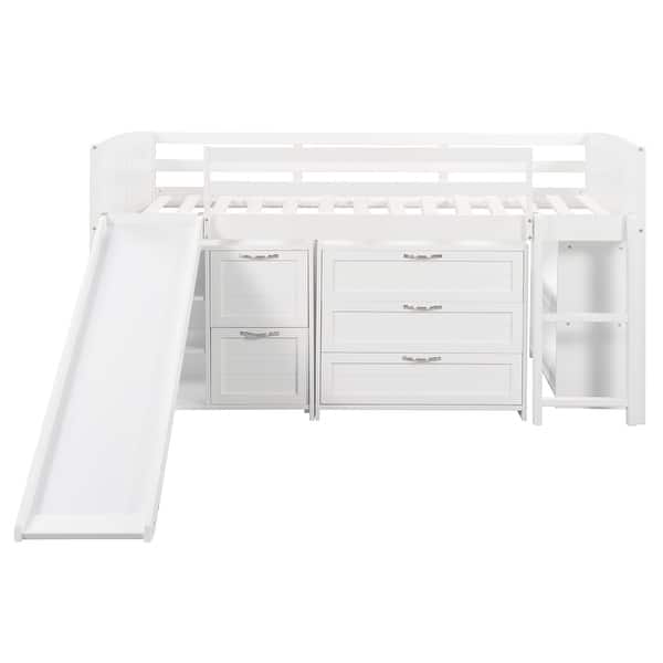 slide 2 of 20, Twin Size Wood Loft Bed with Storage Drawers And Shelves,Full-Length Guardrail and Slide White