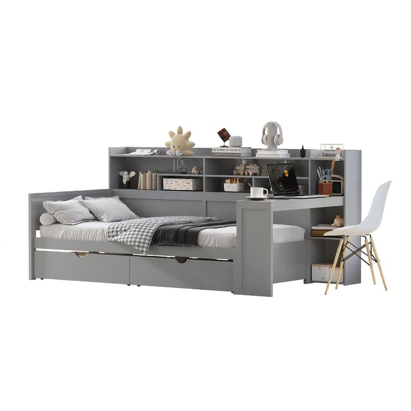 Twin/Full Size Daybed with 2 Storage Drawers and Bookcase Headboard, Wood Corner Platform Bed Frame with Built In Desk
