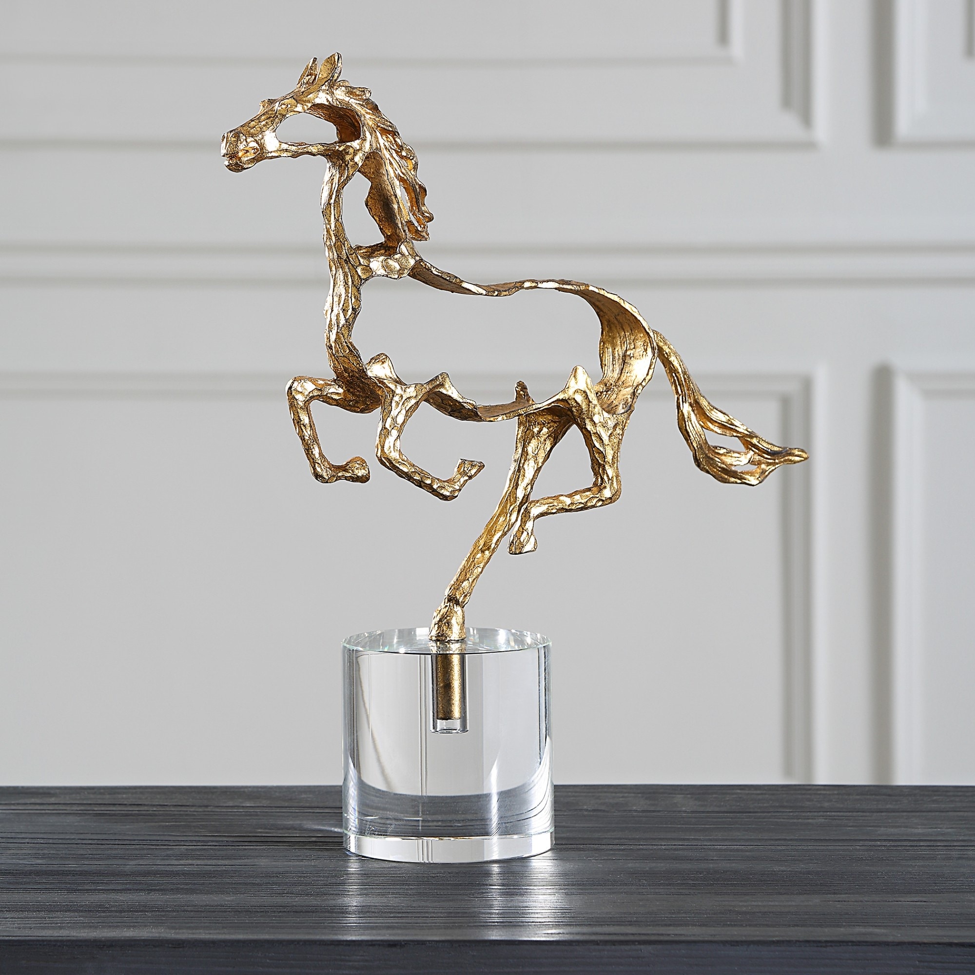 Galloping Horse Sculpture with Crystal Base - 15" - Gold and Clear
