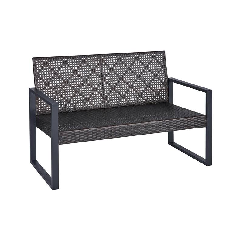4-Piece Outdoor Patio Rattan Conversation Sofa Set with Acacia Wood Coffee Table and 2 Armchairs