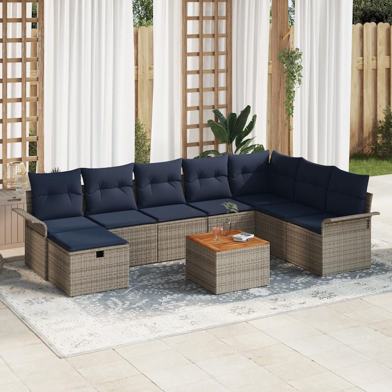 vidaXL 9 Garden Sofa Set with Cushions Black/Grey Poly Rattan - 117.1 x 73.8 x 27.2 - Grey