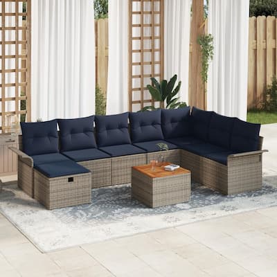 vidaXL 9 Garden Sofa Set with Cushions Black/Grey Poly Rattan - 117.1 x 73.8 x 27.2