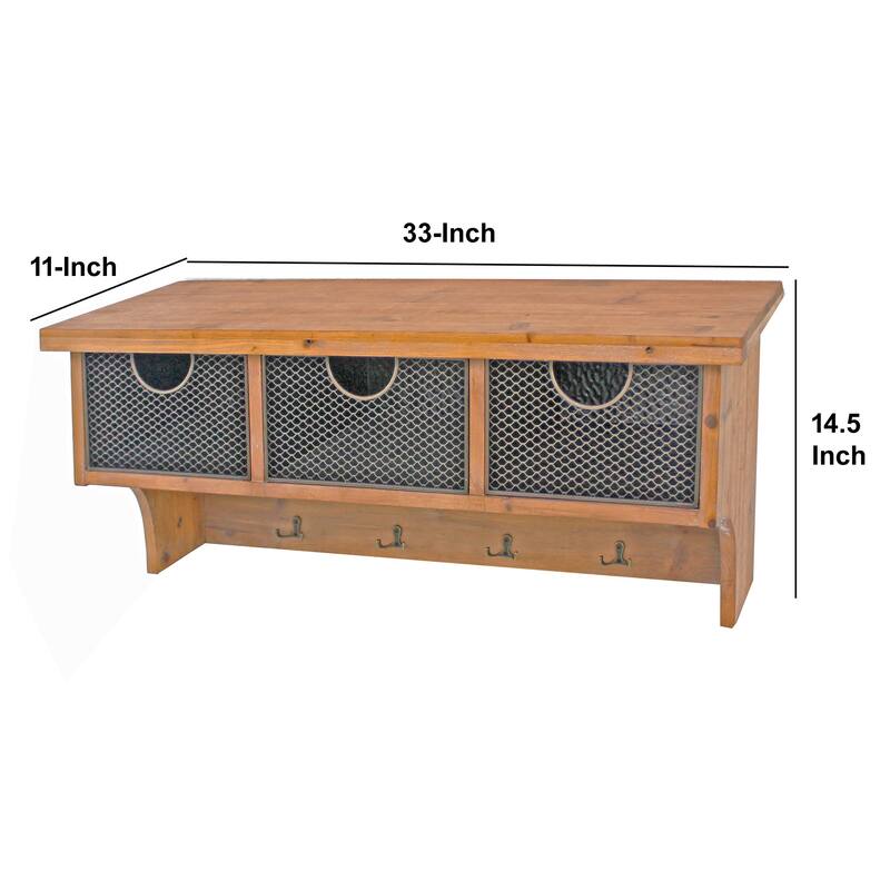Wooden Wall Shelf with 4 Hooks and 3 Wire Baskets, Brown