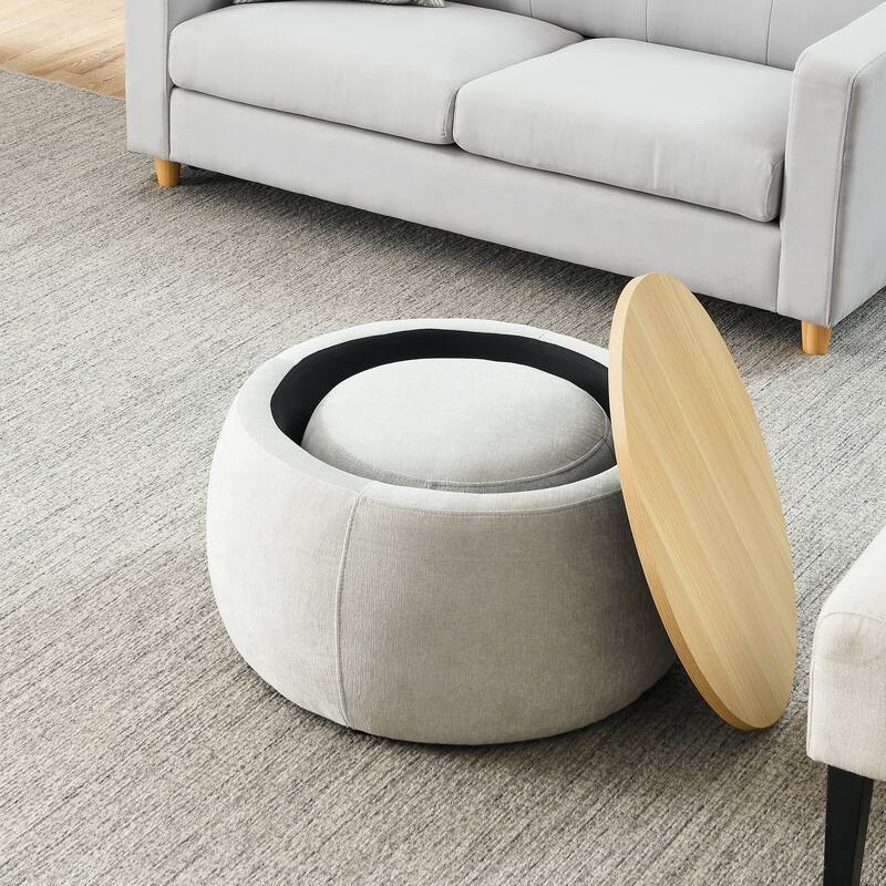 Woven Rattan Upholstered Ottoman with Storage and 2 in 1 Function