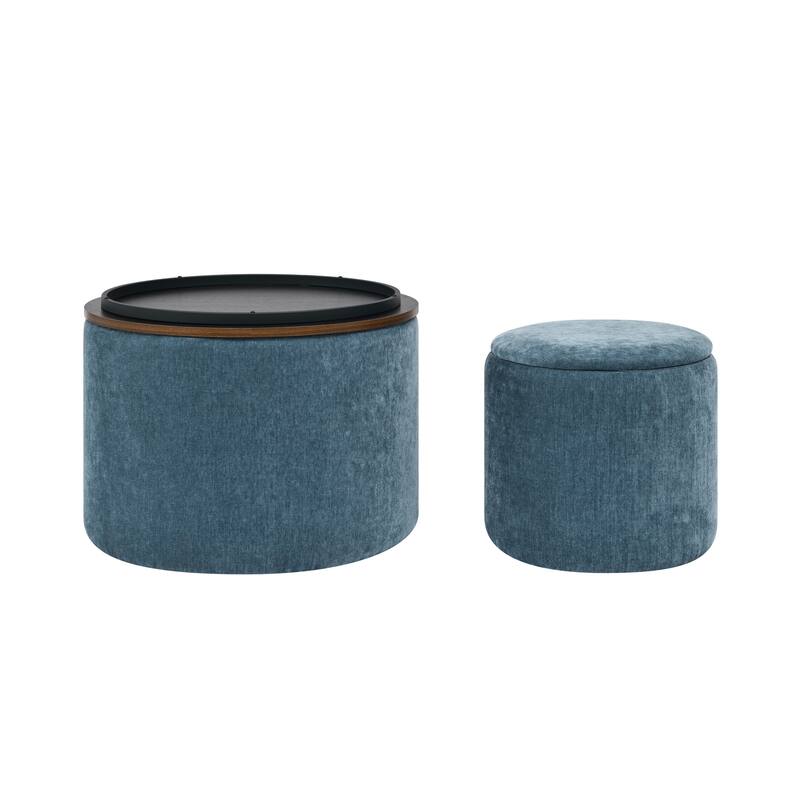 Roomfitters 2-Piece Round Chenille Storage Ottoman Set with Drum-Shaped Stool and MDF Top, Hidden Compartment