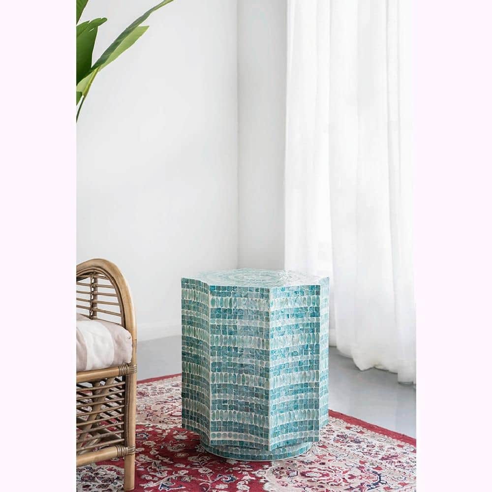 Blue Turquoise Capiz Stool - 17" Starburst Design, End Table, Side Table - 17x17x20"