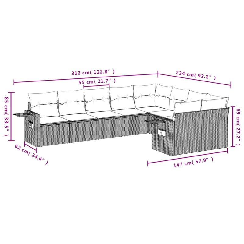 vidaXL Patio Sofa Set with Cushions Outdoor Conversation Furniture Poly Rattan - 24.4 x 24.4 x 27.2