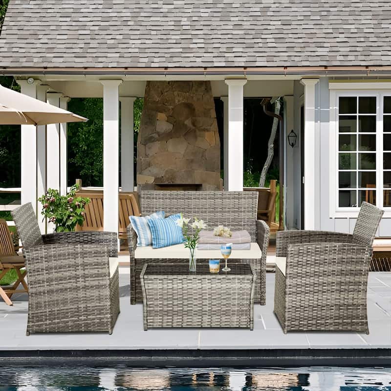 4-Piece Wicker Outdoor Sofa Set, 1 Loveseats, 2 Single Sofas, 1 Table - Gray/Beige