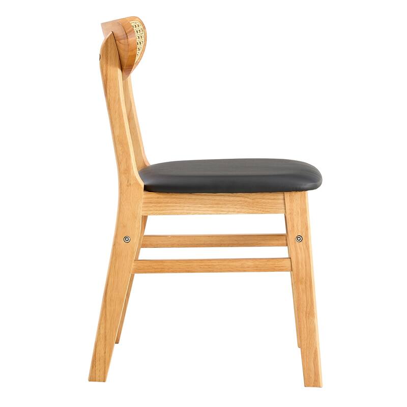 Roomfitters Rubberwood Dining Chairs with Rattan Back and PU Seat, Solid Wood Upholstered Set of 8 for Dining, Black+Natural