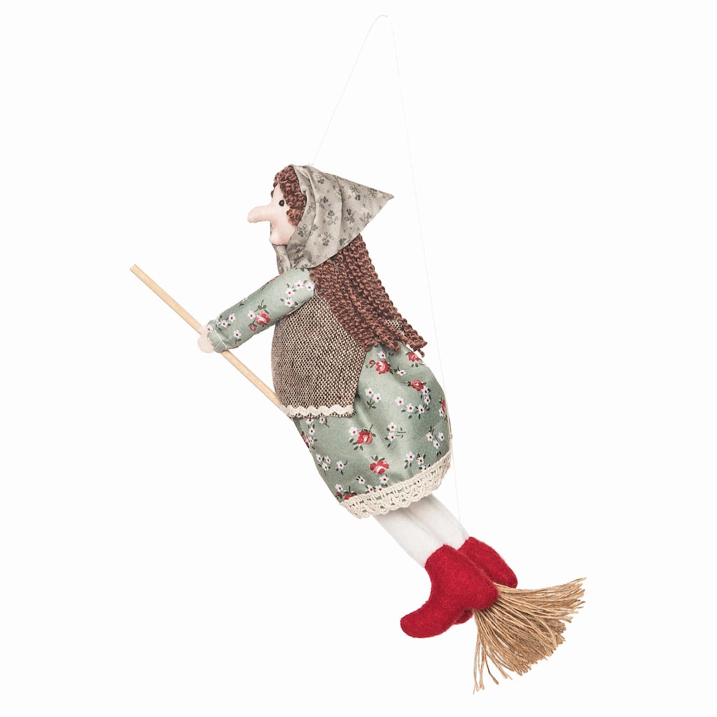 Witch on Broomstick Decorative Folk Art Halloween Figurine Décor