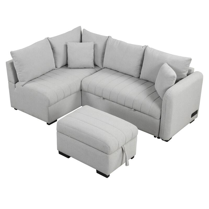 L-Shaped Sectional Sofa with Pull Out Sofa Bed & Storage Ottoman, Convertible Sleeper Sofa with USB Ports & Power Sockets