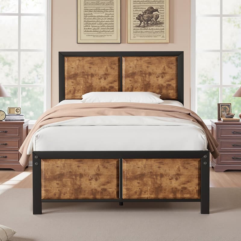 VECELO Platform Bed Frame with Wooden Headboard Heavy Duty Steel Slats Support No Box Spring Needed - Rustic Brown - Twin