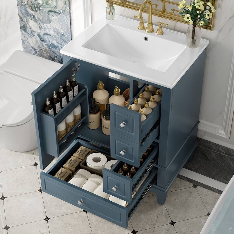 24" Bathroom Vanity with Ceramic Sink & Storage - Freestanding Cabinet, MDF & Solid Wood Base, Modern Design for Small Bathrooms - Blue