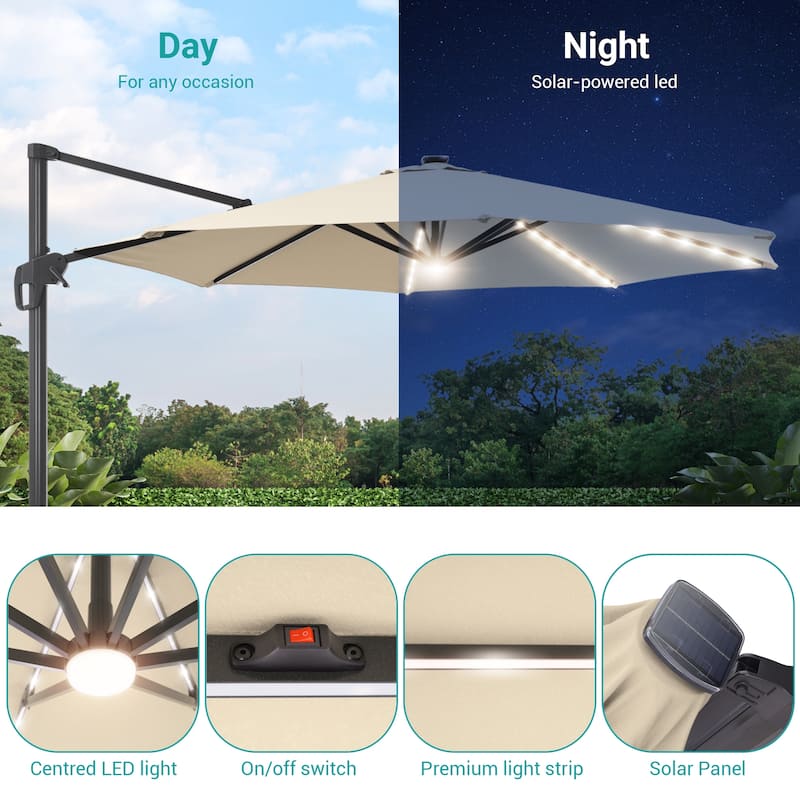 BONOSUKI 11FT LED Cantilever Patio Umbrella Angle Adjustment With Base