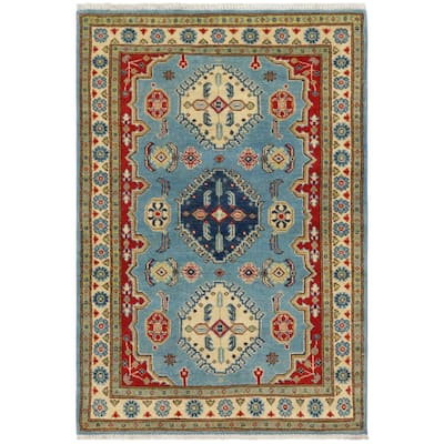 Rustic Kazak Helena Blue/Beige Wool Rug - 3'1'' x 4'10''