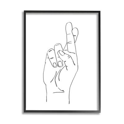 Stupell Hand with Fingers Crossed Minimal Line Drawing Framed Wall Art - Black