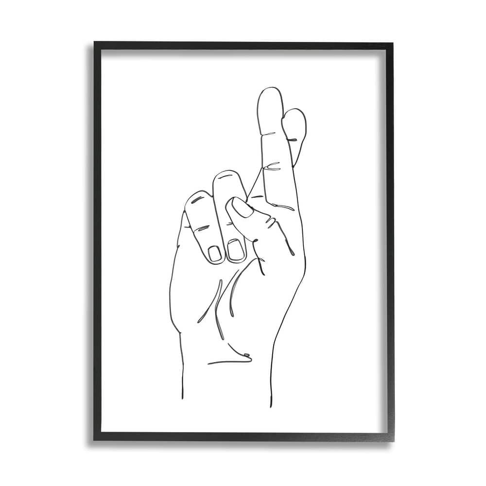 Stupell Hand with Fingers Crossed Minimal Line Drawing Framed Wall Art - Black
