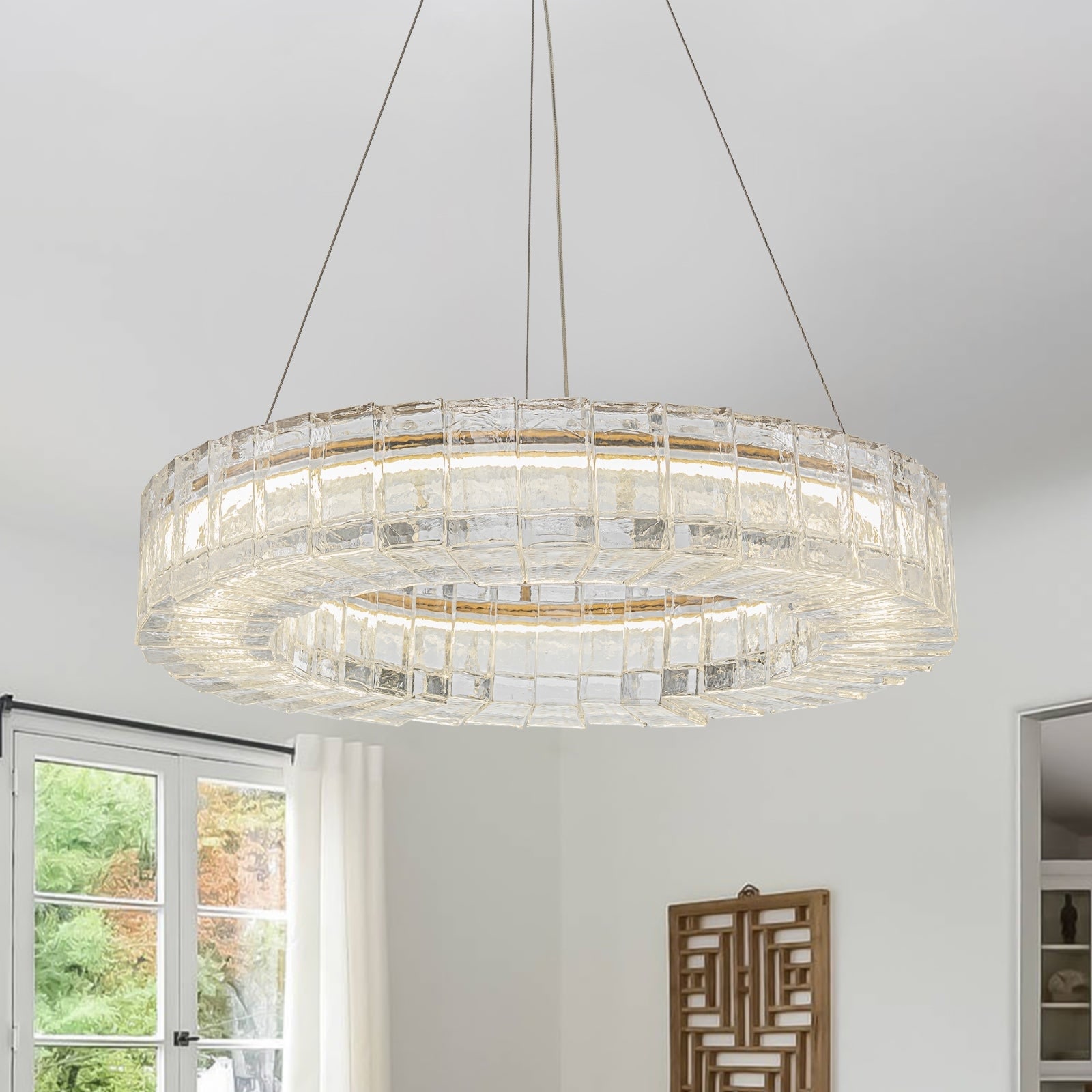 Modern LED Dimmable Water Textured Clear Glass Ring Chandelier