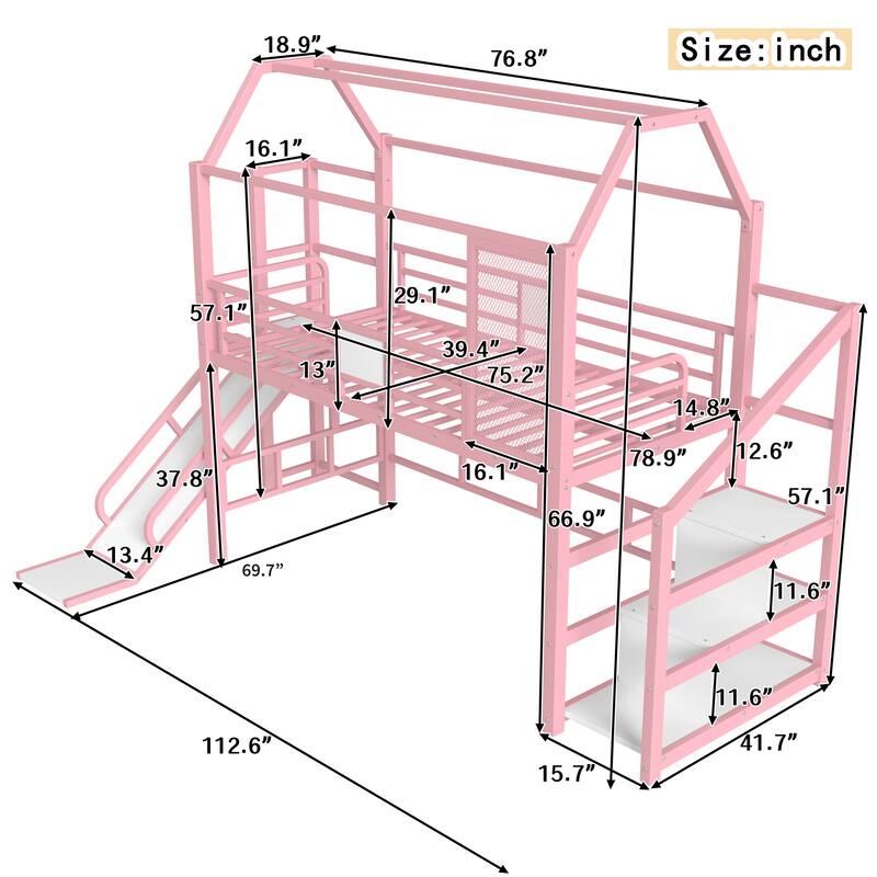 Twin/Full Metal House Loft Bed with Slide and Stairs, Kids Playhouse Bed with Roof, Storage Shelves & Guardrails