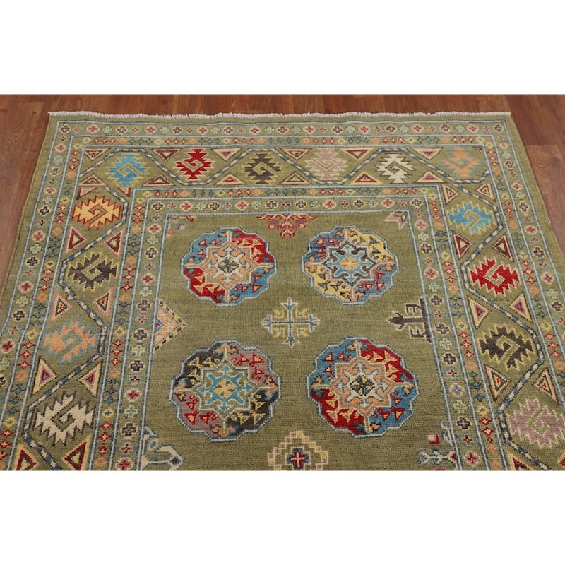Geometric Kazak Oriental Area Rug Handmade Green Wool Carpet - 4'0" x 6'2"
