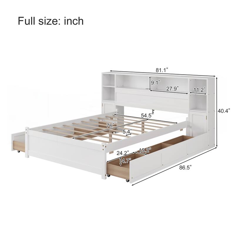 White Wooden Storage Bed with Tall Extended Bookcase Headboard