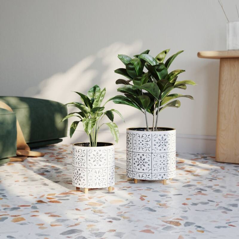 Tristan Black & White Indoor Metal Pot Planter With Peg Leg Base Set - 8.75"H x 8"W x 8"D