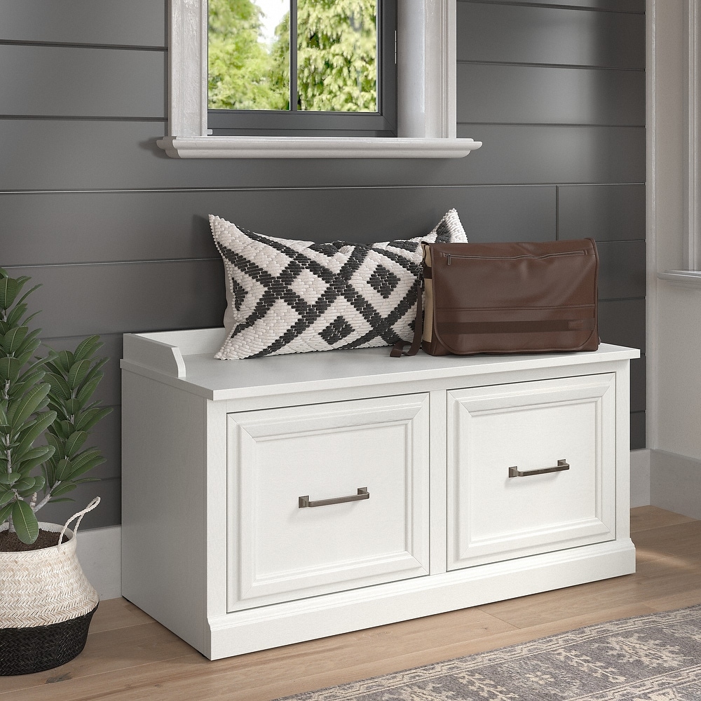 White bench with sales drawers