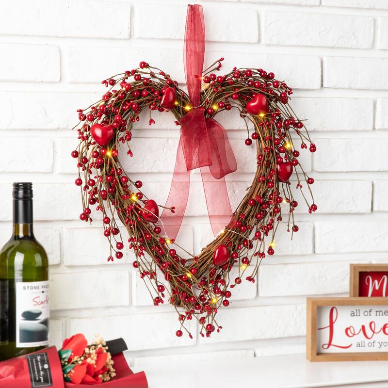 Glitzhome Valentine's Berry Heart or Round Wreath Hanging Decor