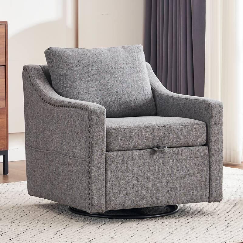 360° Swivel Accent Chair with 1 Back Pillow, Teddy Upholstered Reading Chair with Rivet Trim, Single Sofa Chair for Living Room - Grey