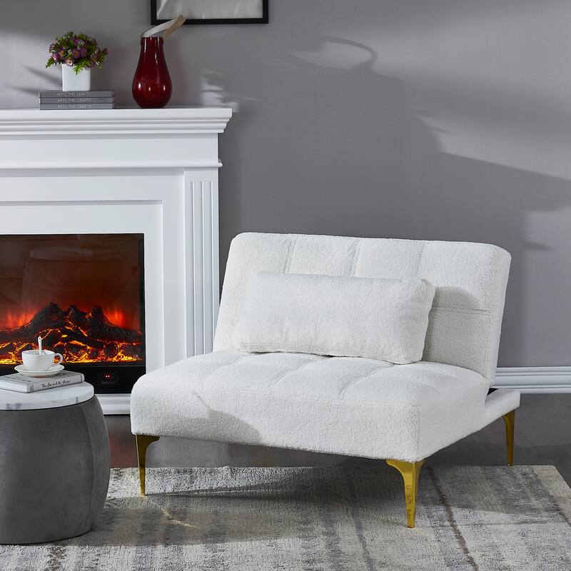 Anmytek Teddy Fabric Convertible Futon Sofa Bed with Gold Metal Legs - White Teddy