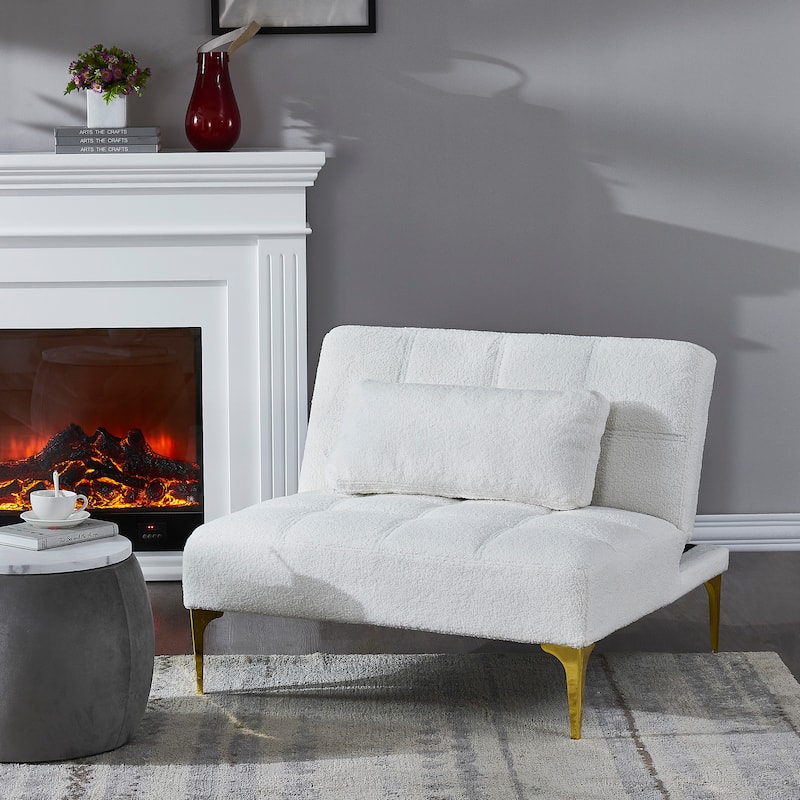 White Teddy Chenille Single Modular Sofa Bed with Wood Frame - White Teddy