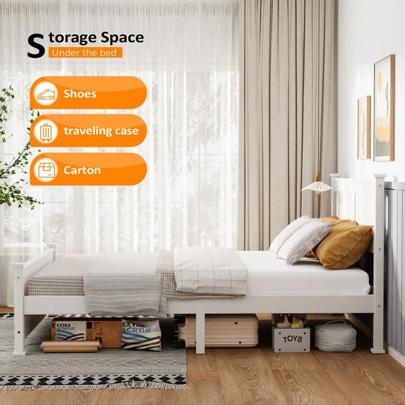 Wood Bed Frame Full Size Platform Bed with Headboard White