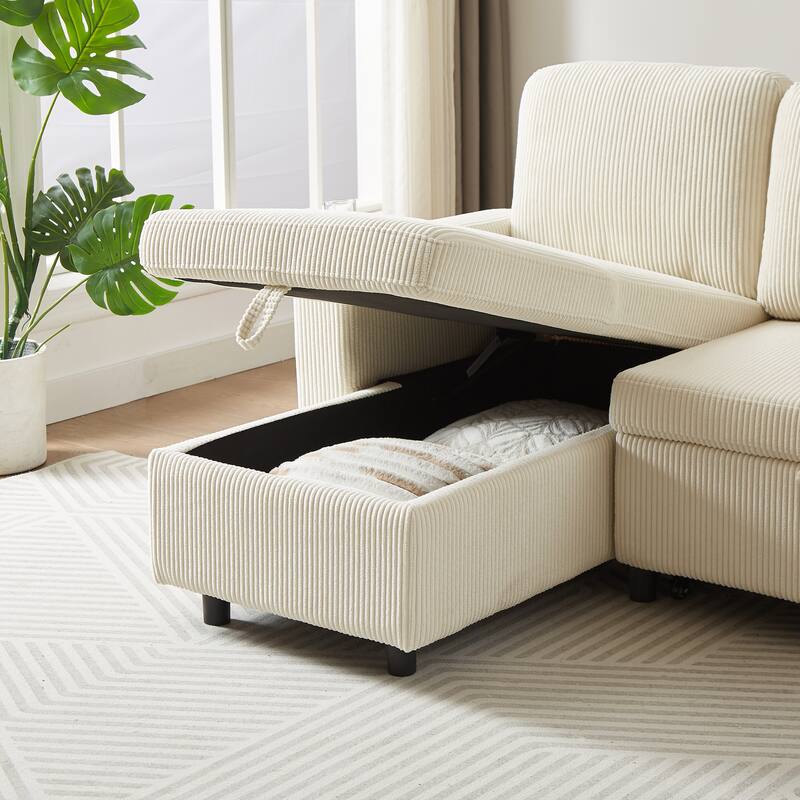 L-Shaped Corduroy Sofa Bed with Pull-Out Sleeper, Reversible Design