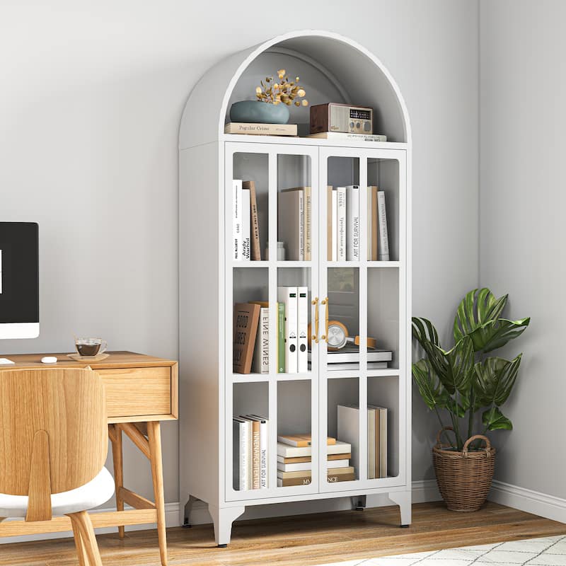 73.6-Inch Arched Metal Storage Display Cabinet with Glass Doors