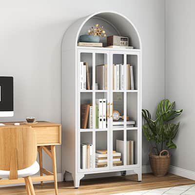 73.6-Inch Arched Metal Storage Display Cabinet with Glass Doors