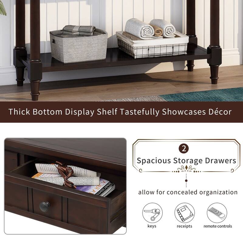 Daisy Series Farmhouse Console Table Solid Wood 2 Drawers Bottom Shelf Entryway
