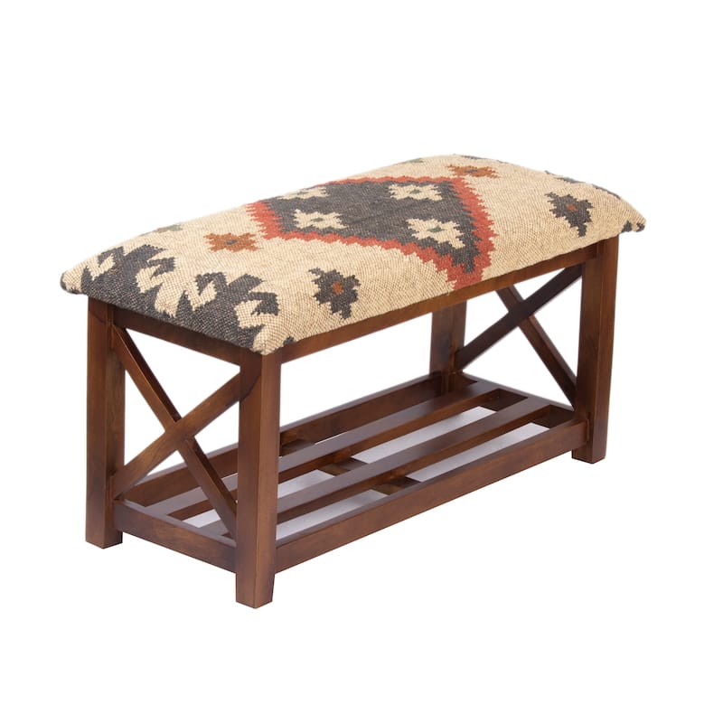 HERAT ORIENTAL Handmade Kilim Upholstered Bench with Shelf - 32"W x 14"D x 16"H